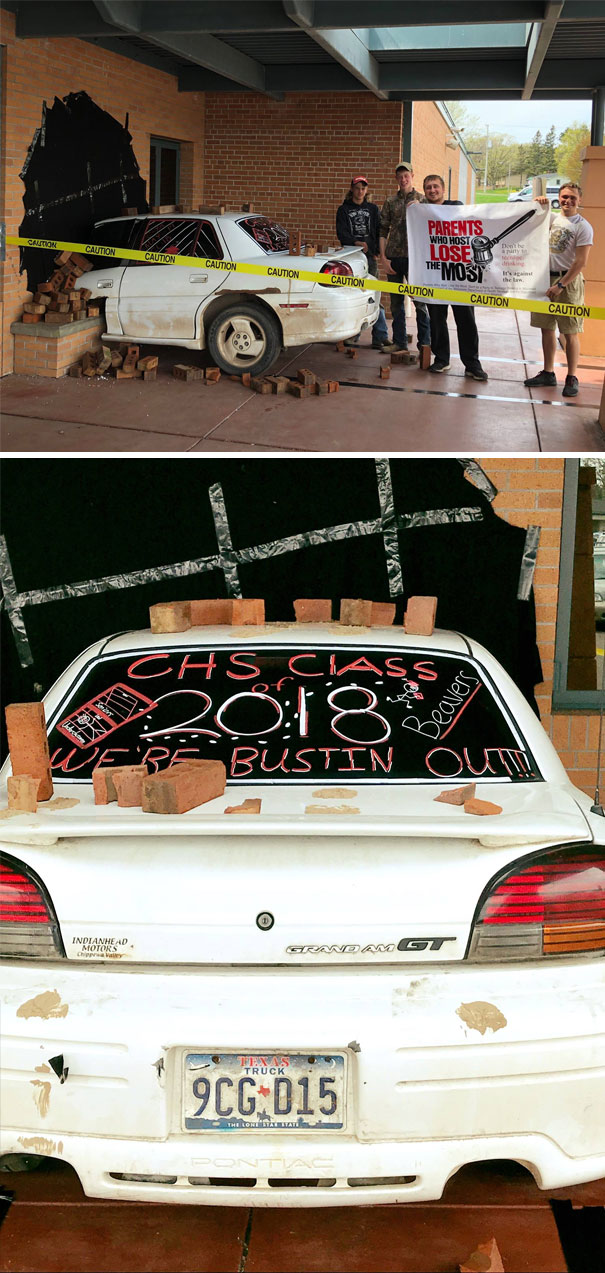 Prank Pulled Off By Cumberland Students Was Good Enough For Someone To Think A Car Had Crashed Into The Side Of The High School. Someone Called The Police. When The Responding Officer Arrived, All He Could Do Was Laugh At The Whole Thing