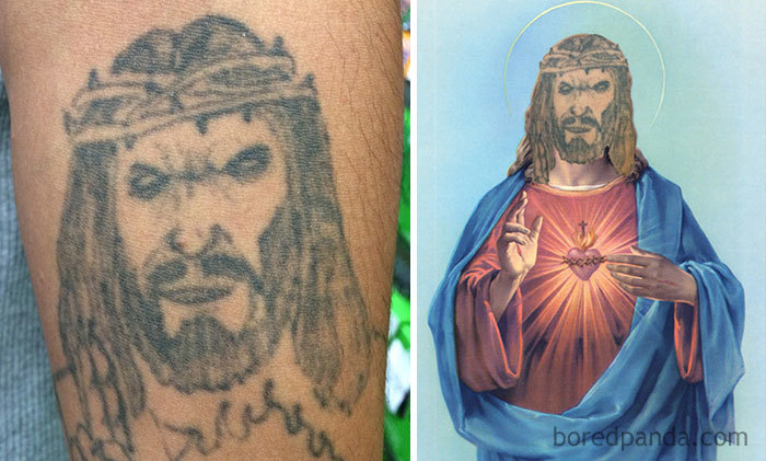 Face swapped tattoo compared to religious image, highlighting the contrasting designs.