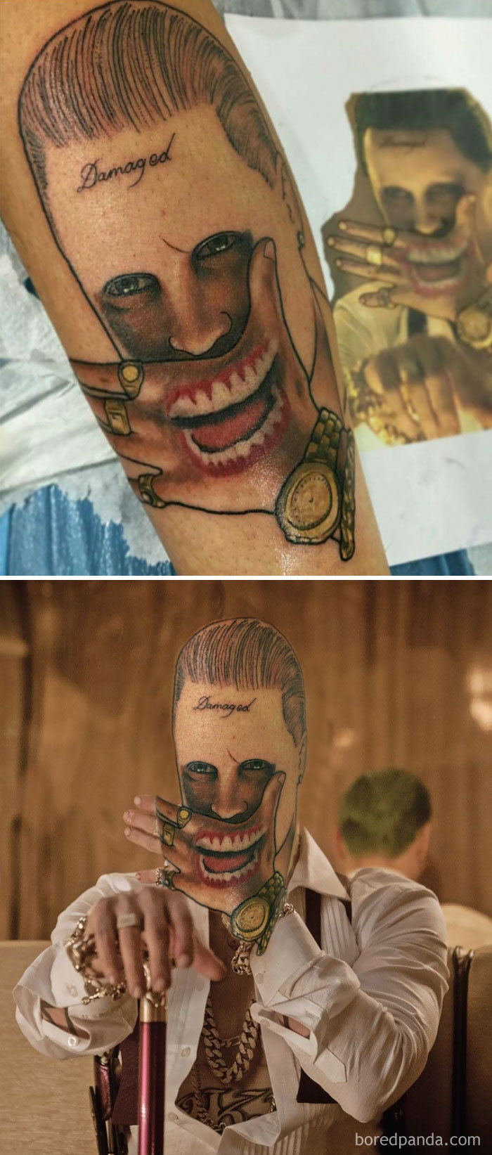 Face-swapped tattoo with Joker smile, revealing unexpected results in artwork.