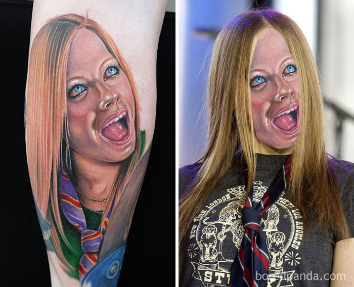 Face swapped tattoo of Avril Lavigne with long hair, showing exaggerated facial features and vibrant colors.