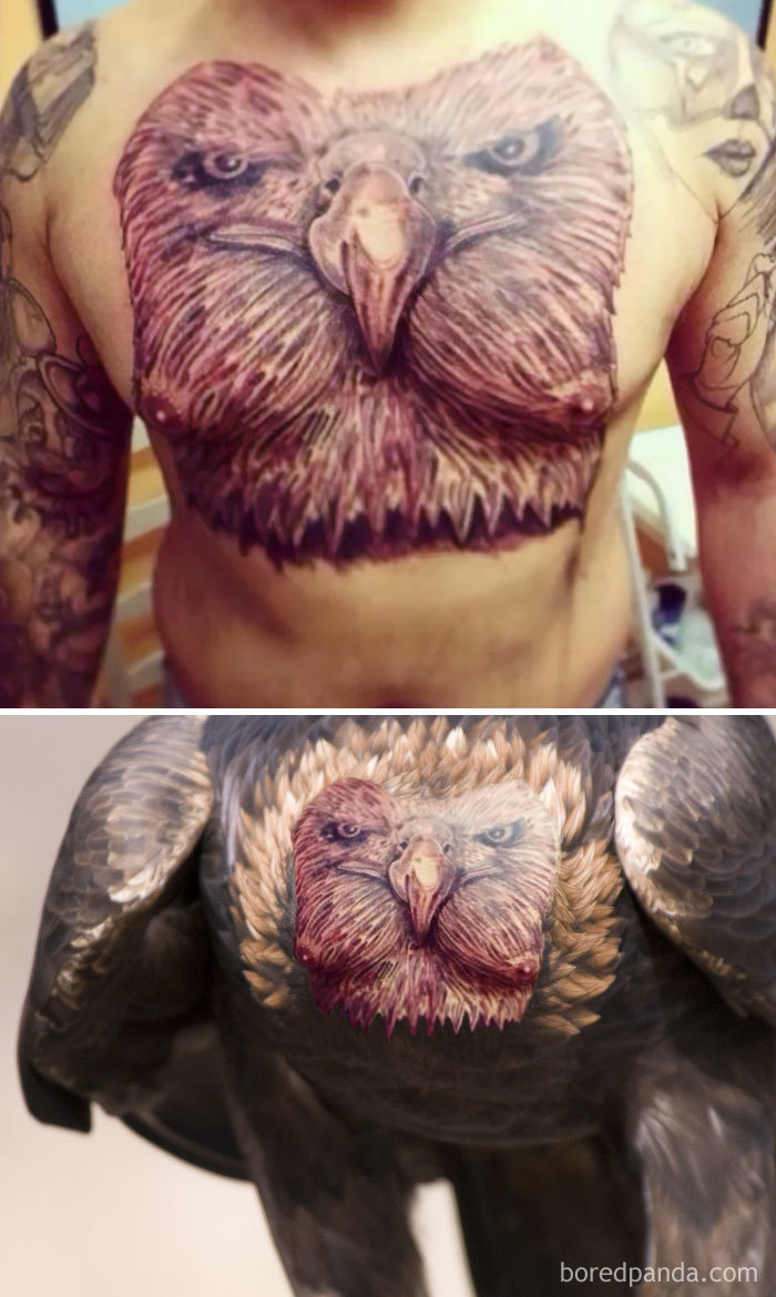 Face-swapped eagle tattoo on chest and bird, showcasing unusual tattoo transformation.