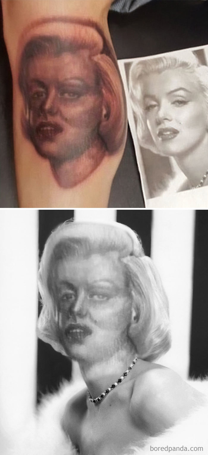 Face swapped tattoo displayed on an arm next to a photograph.