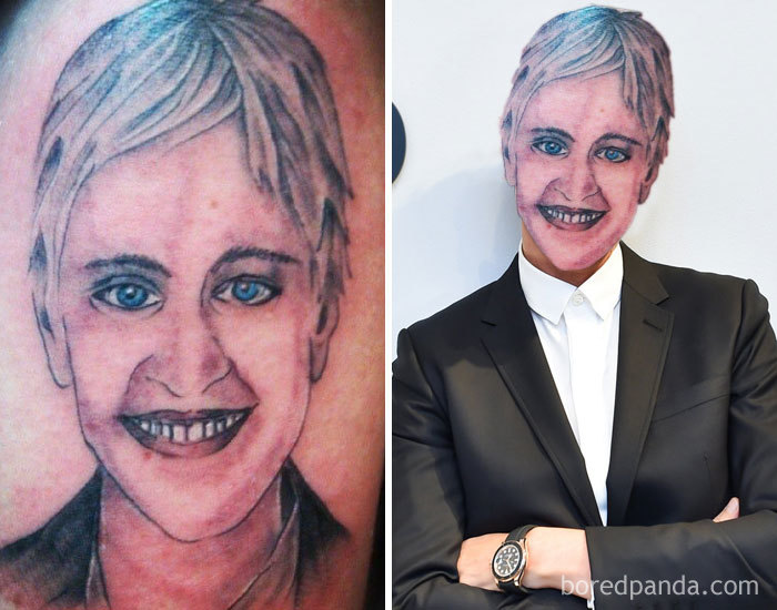 Tattoo face swap showing unconventional art on the left and person on the right in a suit.
