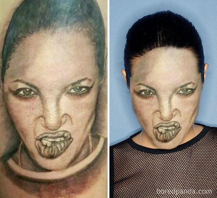 Face swapped tattoo with a woman's face showing unusual artistic expression.