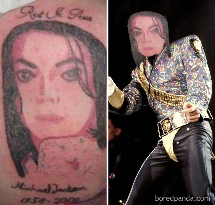 Face-swapped tattoo showing portrait of a celebrity in a humorous comparison.