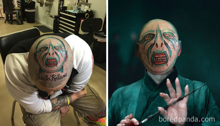 Face-swapped tattoo on a person's head compared to a character with a similar design.