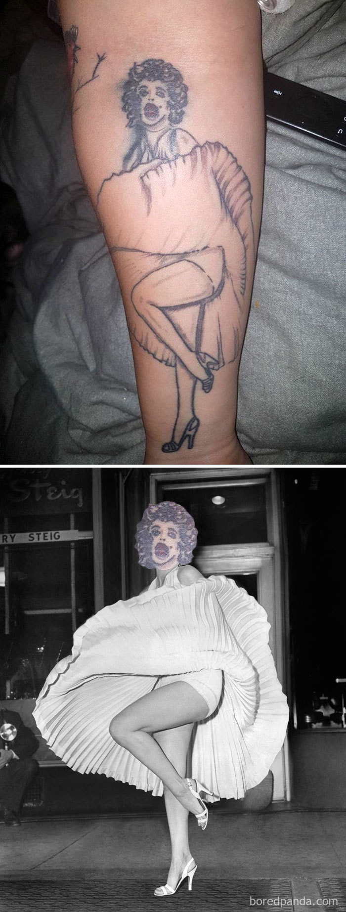 Face swapped tattoo on arm and face-swapped image of classic scene, illustrating bad face swapping results.