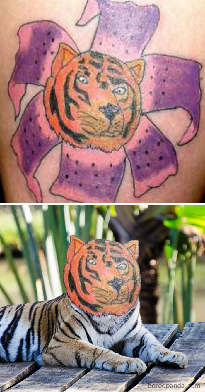 Tiger tattoo face swap showing unusual design and placement comparison.