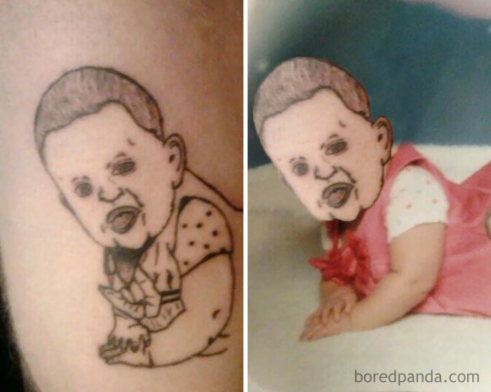 Face-swapped tattoo and photo showing the amusing result of a mismatched face swap effort.