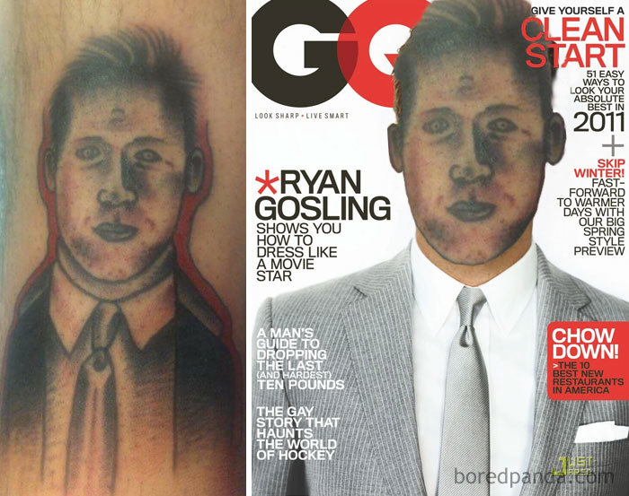 Face-swapped tattoo of a man next to a GQ magazine cover showing the original image.