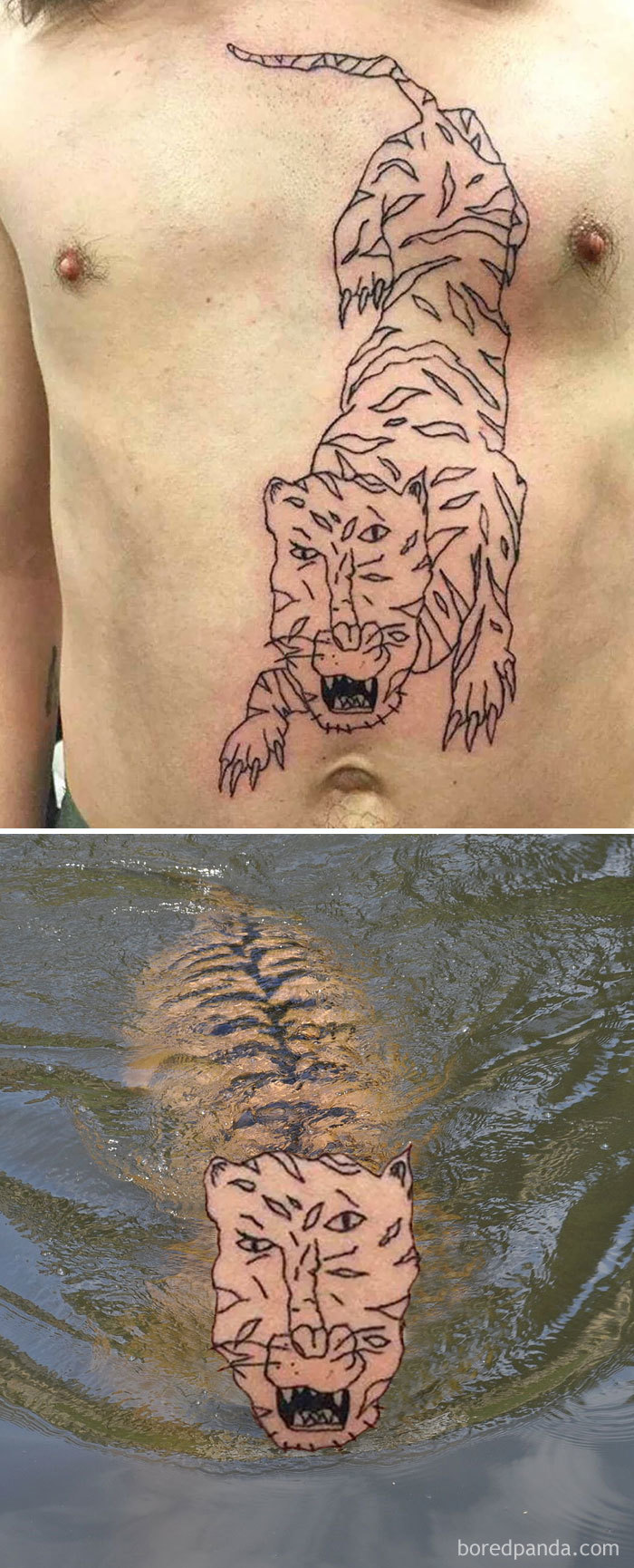 Tattoo face swap shows unusual tiger design on chest and in water.