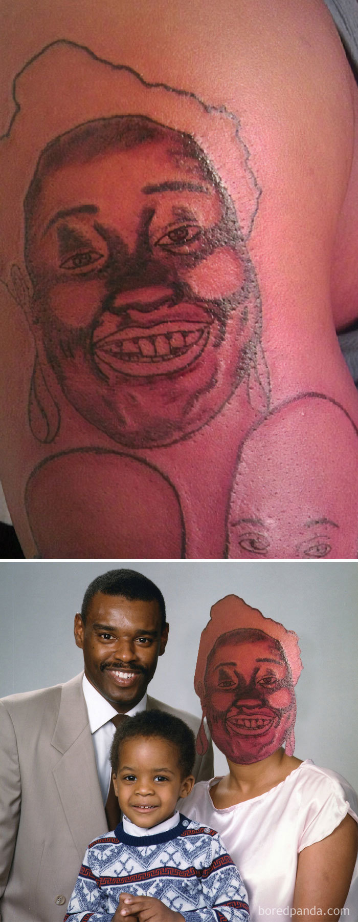 Face-swapped tattoo on a person's arm compared to an altered family photo.