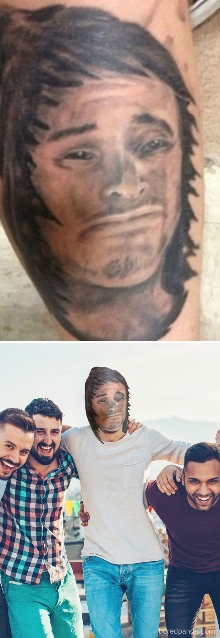 Face swapped tattoo showing a humorous transformation in a group photo.