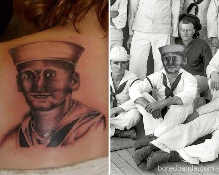 Face swapped tattoo on back and a photo of sailors showing tattooed face transformation.