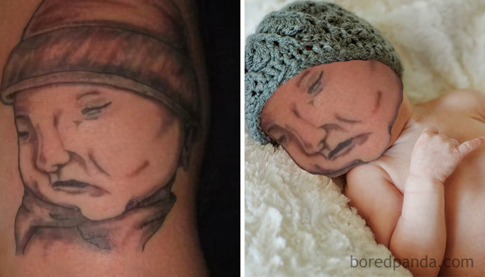 Face swapped tattoo with a baby's face showing unusual and humorous results.