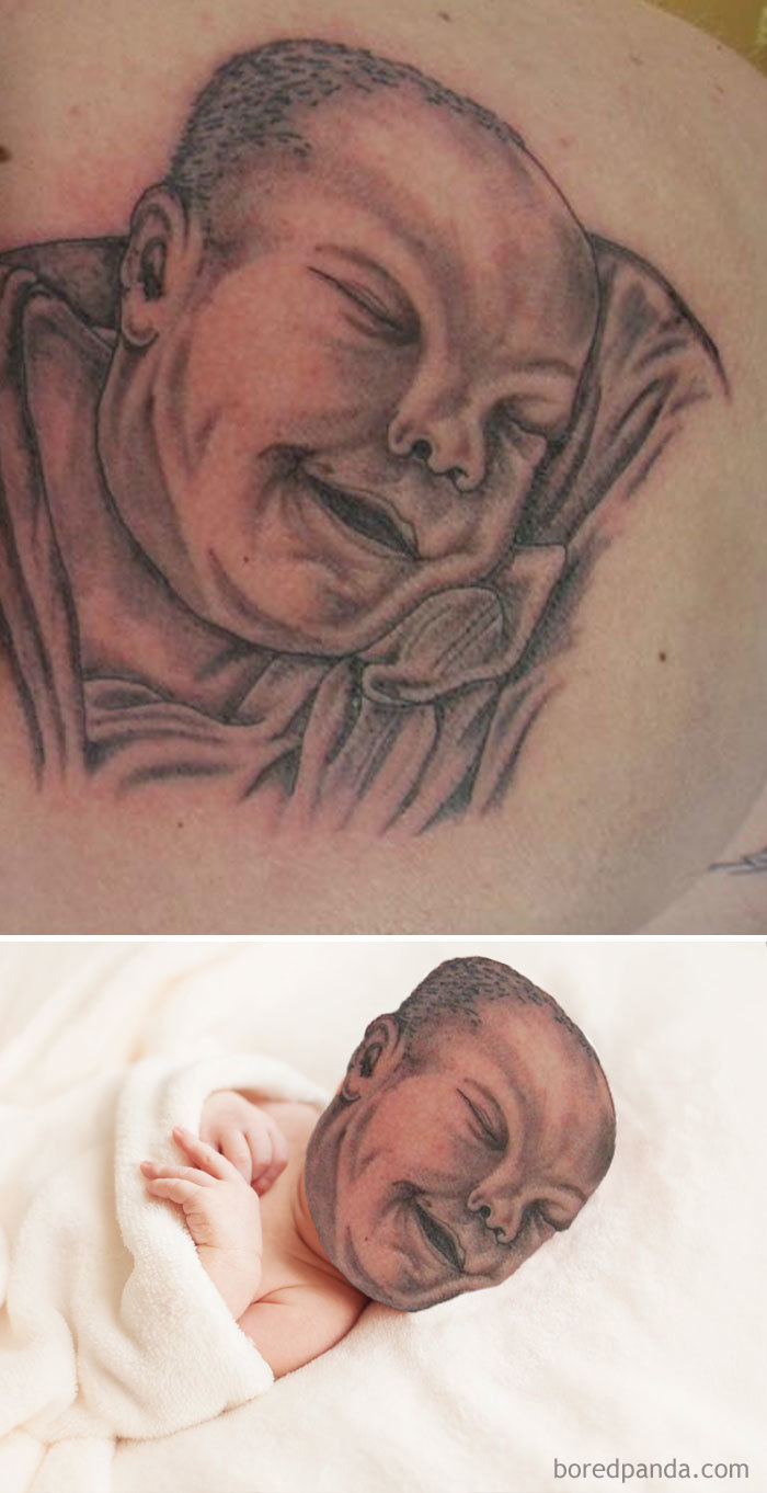 Face-swapped tattoo illustration highlighting questionable tattoo designs on baby.