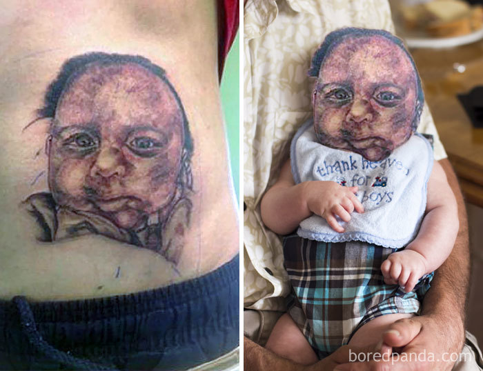 Face swapped tattoo next to a baby, highlighting the tattoo's imperfections.