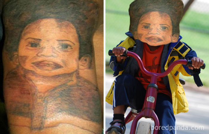 Face swapped tattoo on a child riding a bike, showcasing unusual artistry.