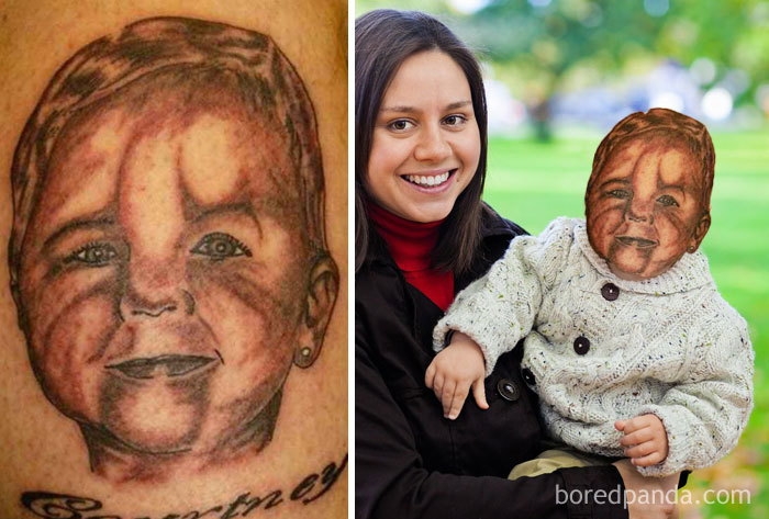 Face-swapped tattoo of a baby compared with a real child, highlighting tattoo accuracy.
