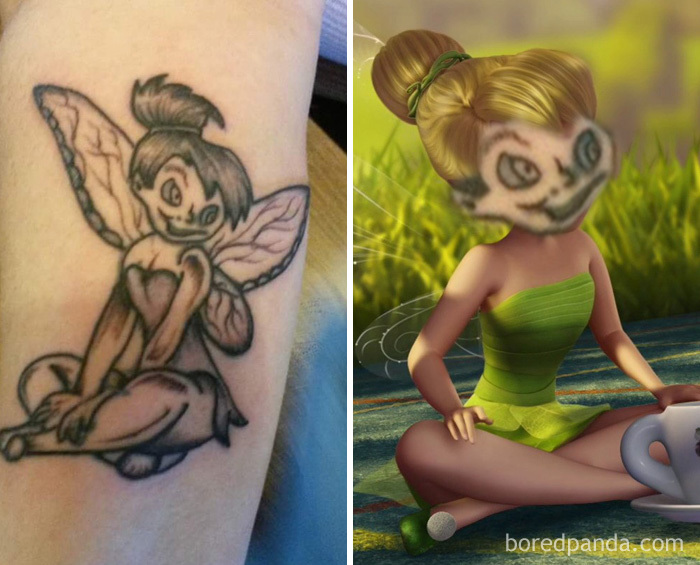 Face swapped tattoo of a fairy next to a cartoon fairy with the same face swap.