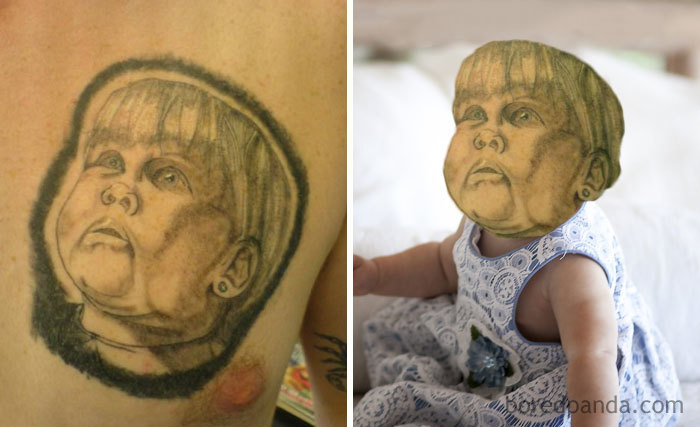 Face swapped tattoo showing a child's face on left and matching baby's body with tattoo face on right.