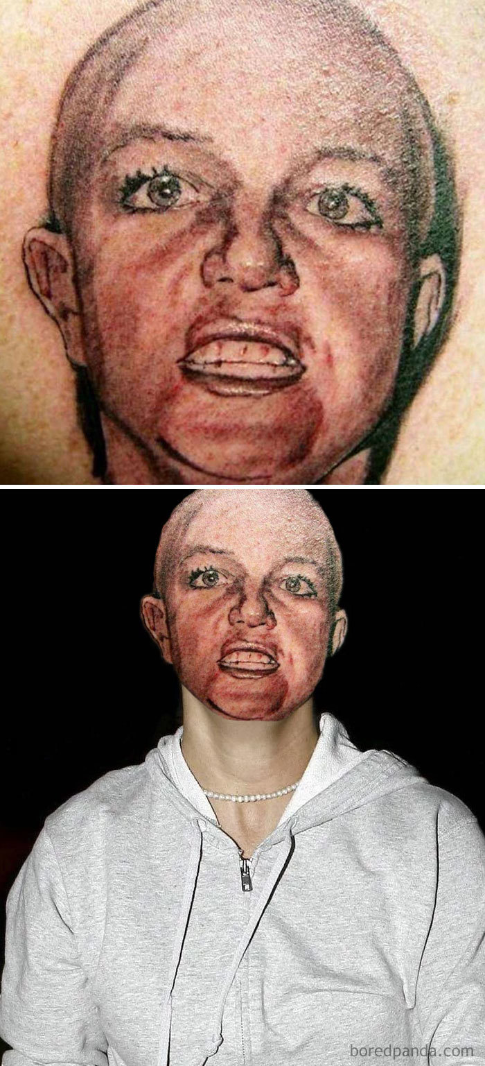 Face swapped tattoo showing a distorted facial design, highlighting tattoo artistry imperfections.