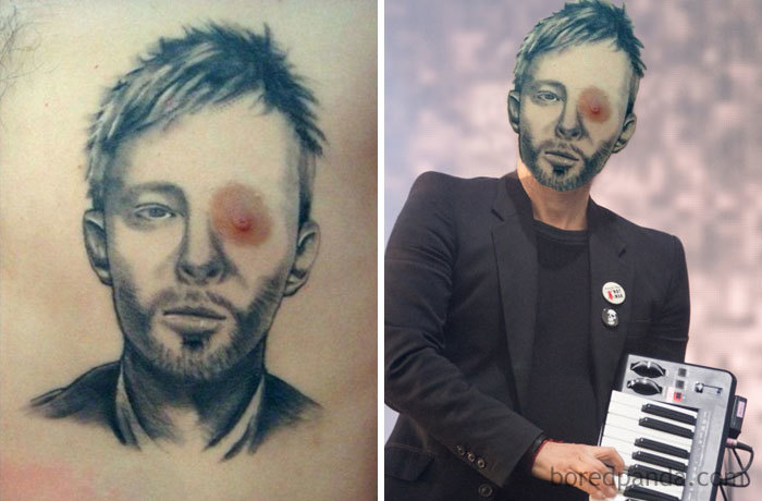 Face-swapped tattoo illustration highlighting design flaws on a musician with a keyboard.