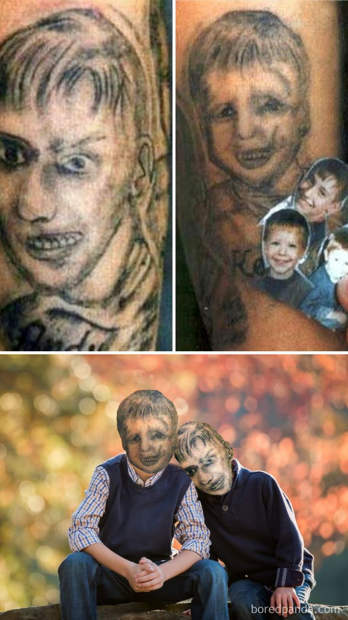 Face-swapped tattoos illustrating humorously poor designs on children's portraits.