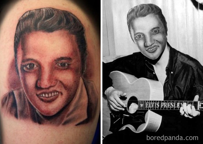 Face swapped tattoo on left compared to original photo on right, showing humorous differences.