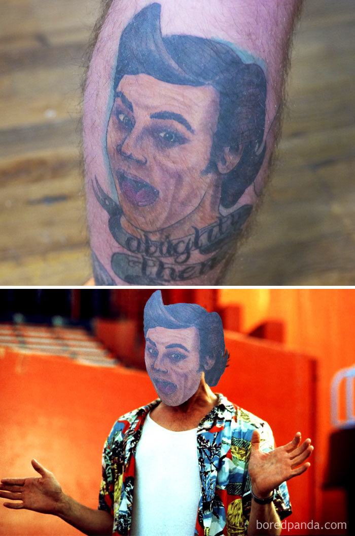 Face swapped tattoo with exaggerated facial expression on a person's leg and a person wearing it as a face.