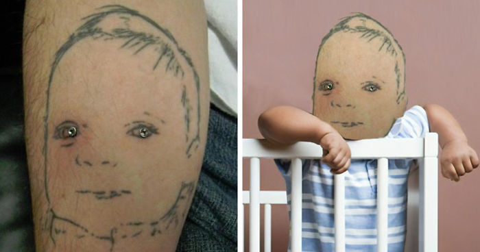 Face-swapped tattoo on a forearm compared to altered baby photo in a striped outfit.