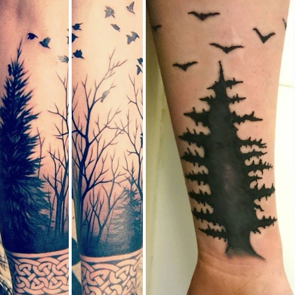 Tattoo fail featuring uneven forest design with trees and birds on arm.