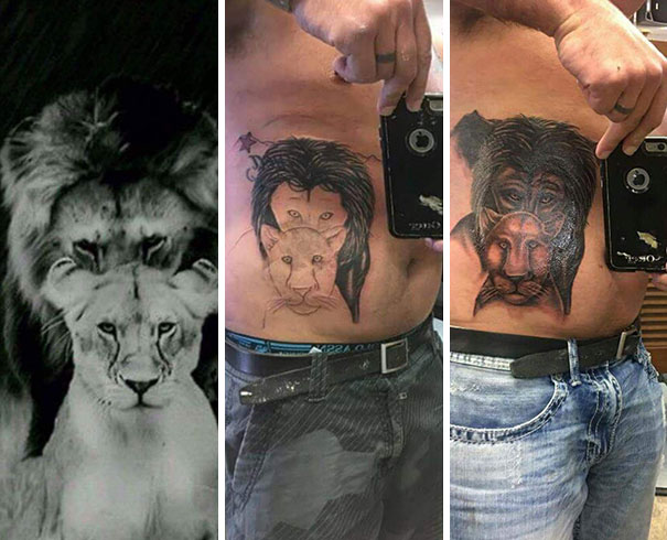Lion tattoo fail progression on a man's side, showcasing a cringe-worthy design evolution.