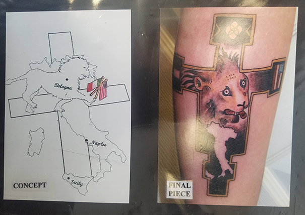 Bad tattoo fail showing a map concept next to a lion tattoo with cross design.