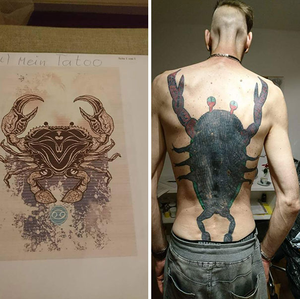 Crab tattoo design compared to a poorly executed tattoo on a person's back.