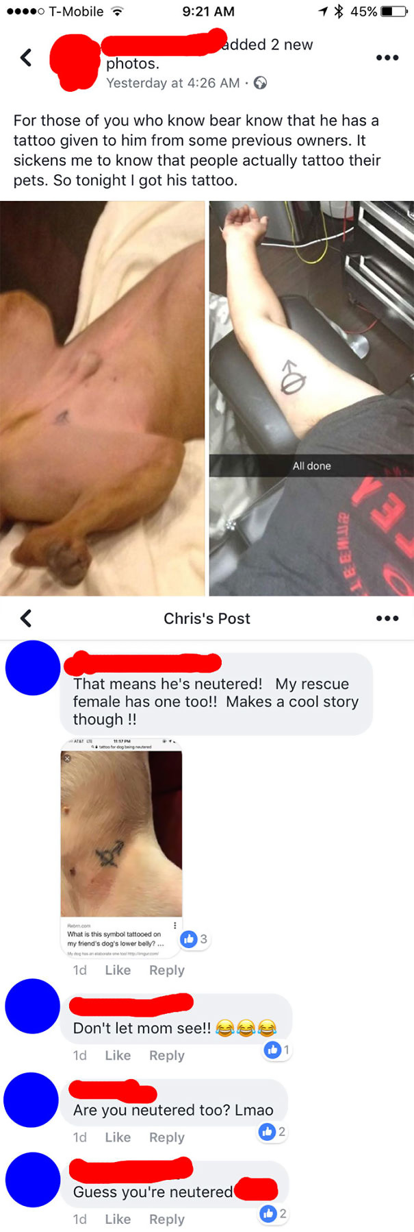Funny tattoo fail where a person mistakenly copies a pet's neuter symbol, sparking humorous comments on social media.