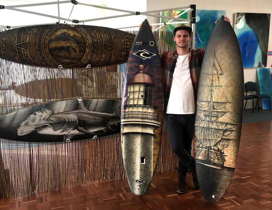 I Re-Purpose Old Surfboards Into Artwork With Detailed Stippling Illustrations Of Surf And Beach-Inspired Themes I Re-Purpose Old Surfboards Into Artwork With Detailed Stippling Illustrations Of Surf And Beach-Inspired Themes