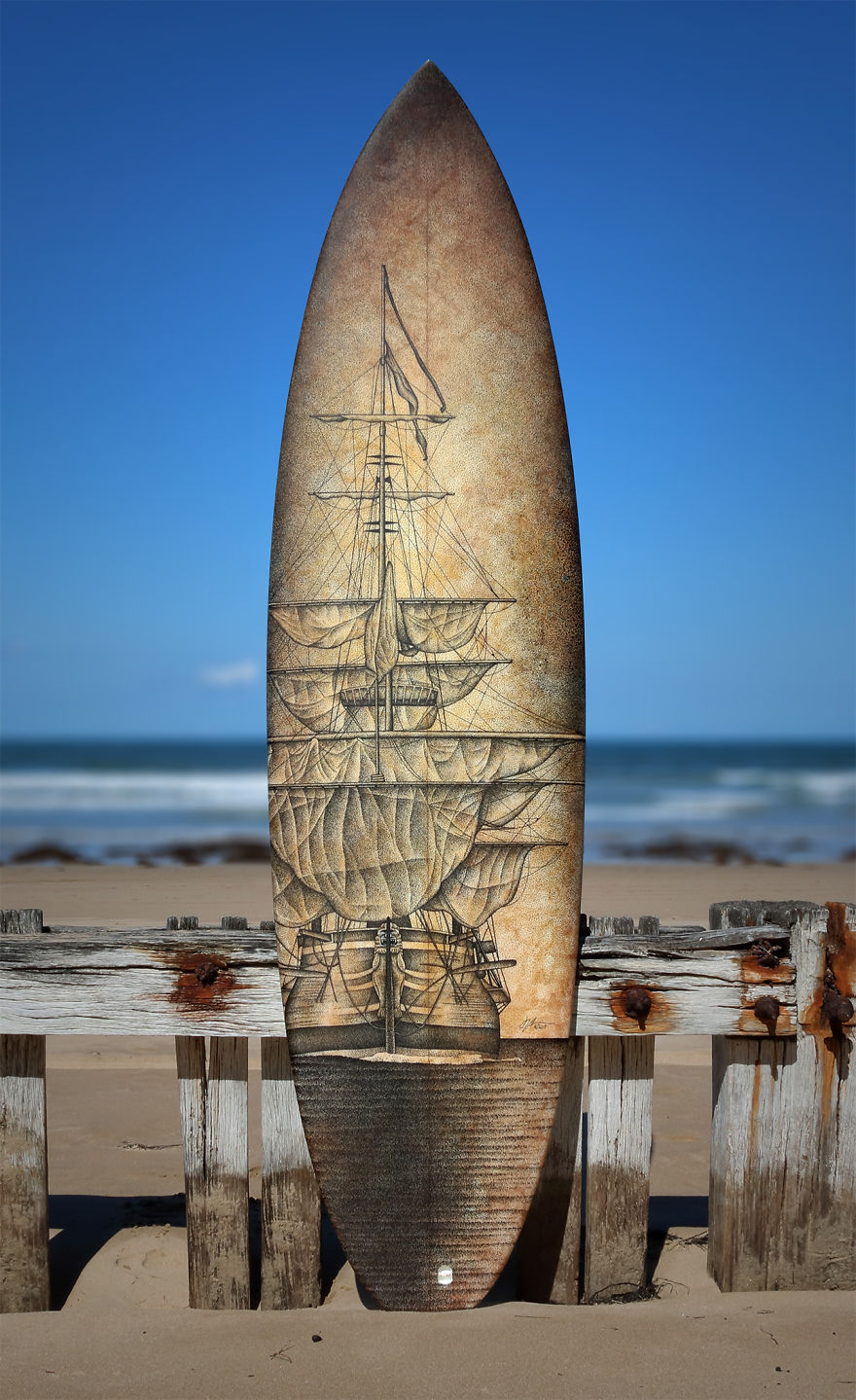 I Re-Purpose Old Surfboards Into Artwork With Detailed Stippling Illustrations Of Surf And Beach-Inspired Themes