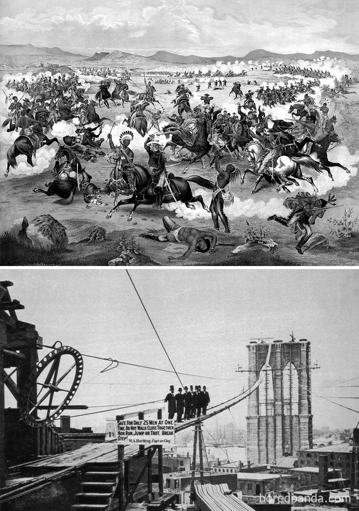 Black and white historical images showing a chaotic battle scene and men performing a tightrope walk across a bridge construction site.