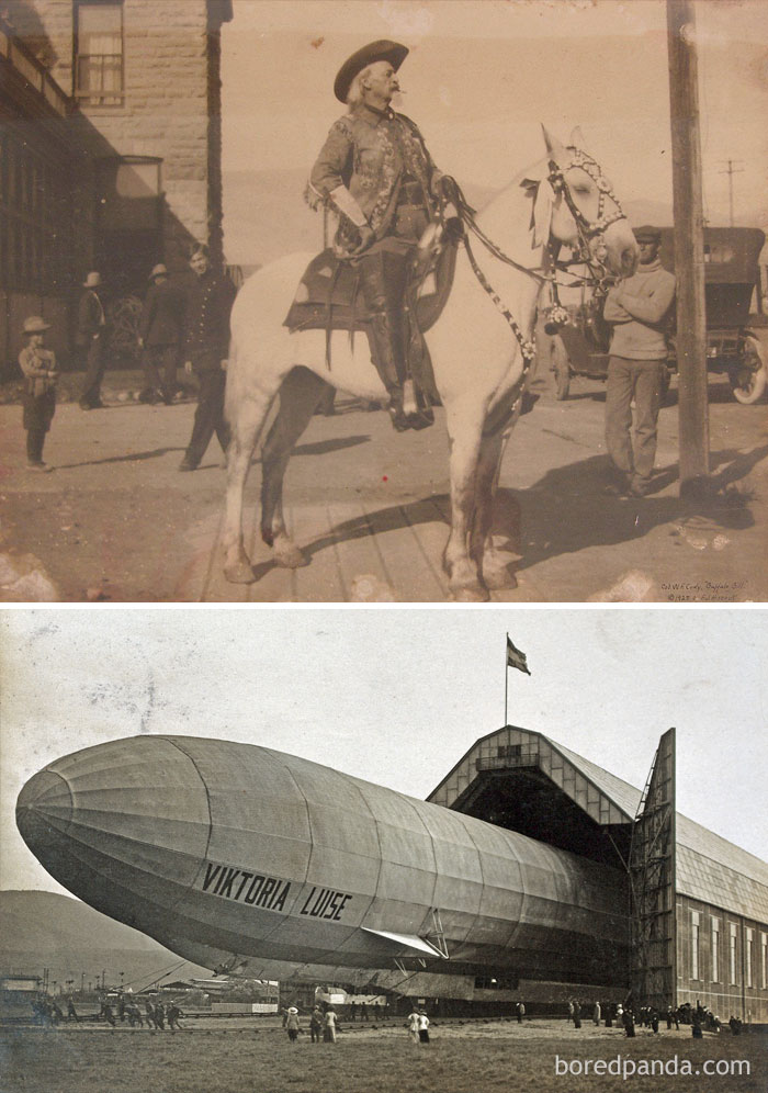 Sepia-toned historical photo of a man on a horse and a vintage airship named Viktoria Luise, illustrating historical facts.
