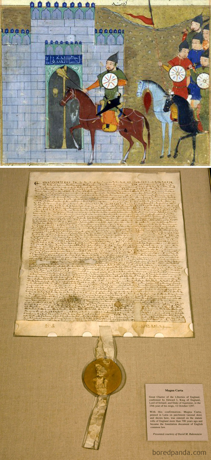 Medieval knights and a historical document Magna Carta displayed, illustrating intriguing historical facts about time perception.