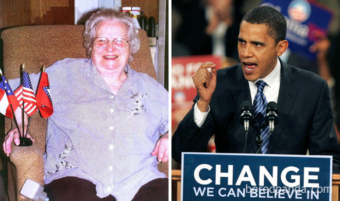 Elderly woman smiling next to small flags beside image of Barack Obama speaking at a Change We Can Believe In rally.