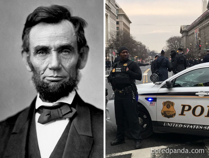 Black and white photo of Abraham Lincoln next to a modern-day US Secret Service officer by a police car, illustrating historical facts.