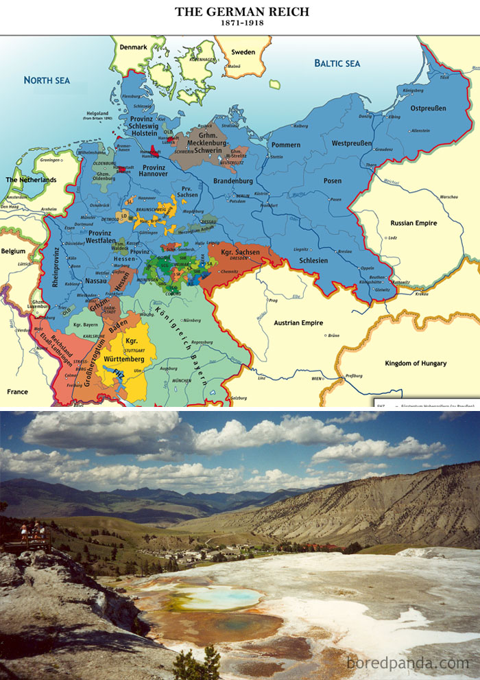 Historical map of the German Reich and a scenic natural landscape showing geological features and colorful mineral pools.