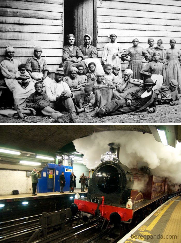 Top black and white photo of historical group portrait and bottom vintage steam train in station highlighting historical facts that mess with perception of time.