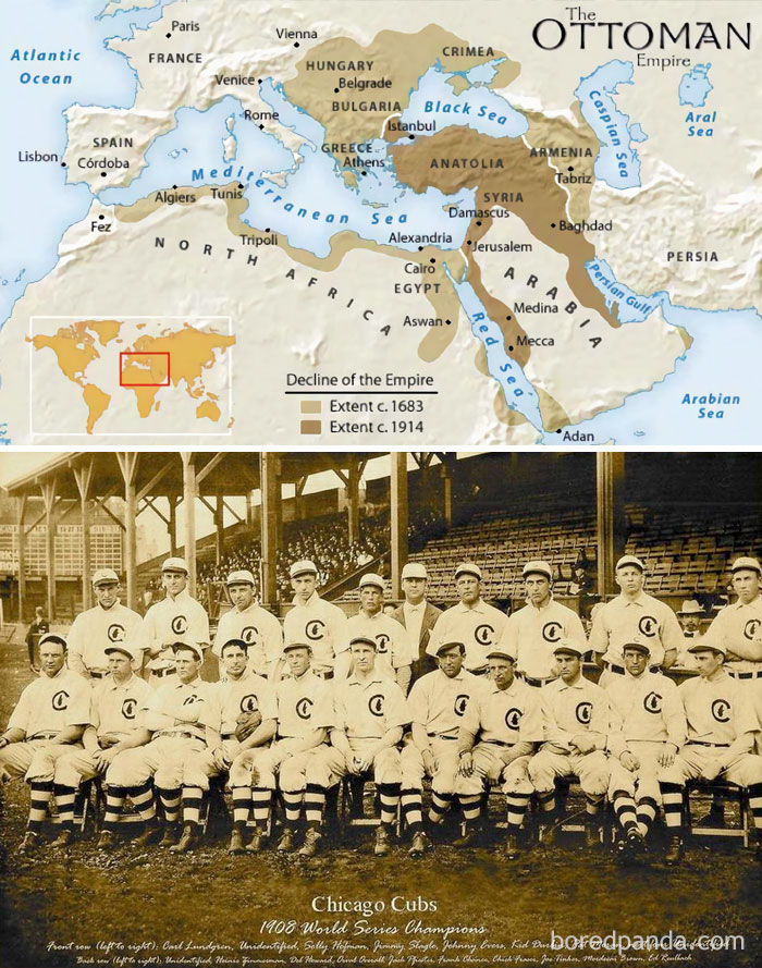 Map showing the decline of the Ottoman Empire from 1683 to 1914 and a historic sepia photo of the 1908 Chicago Cubs baseball team.