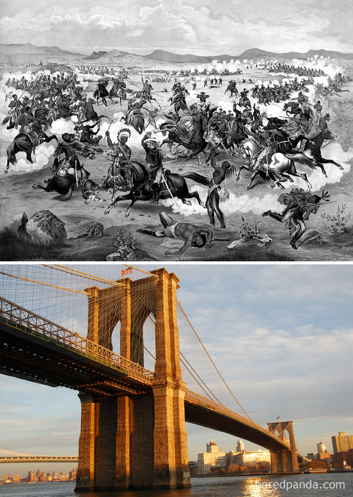 Black and white historic battle scene above, and golden lit Brooklyn Bridge symbolizing historical facts that mess with perception of time.