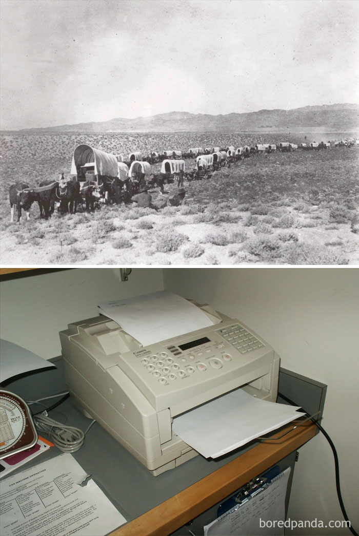 A historic wagon train crossing a desert landscape and an old fax machine illustrating historical facts that mess with perception of time.