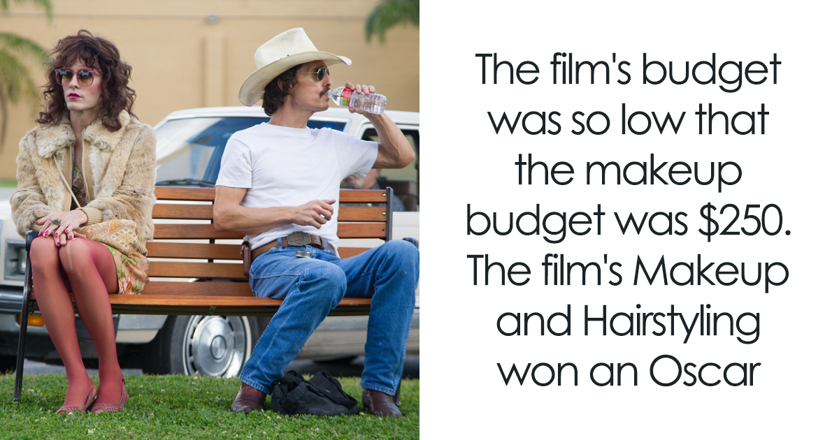 Two actors in vintage costumes sitting on a bench, illustrating fun facts about movies and makeup budget trivia.