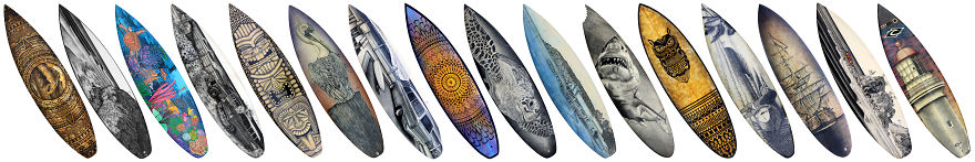 I Re-Purpose Old Surfboards Into Artwork With Detailed Stippling Illustrations Of Surf And Beach-Inspired Themes I Re-Purpose Old Surfboards Into Artwork With Detailed Stippling Illustrations Of Surf And Beach-Inspired Themes